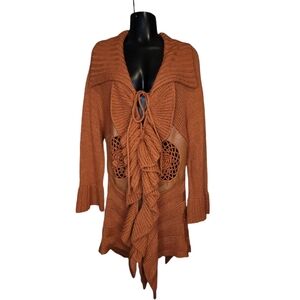 Sioni Burnt Orange Large Whimsy Ruffled Knit Cardigan Duster Sweater